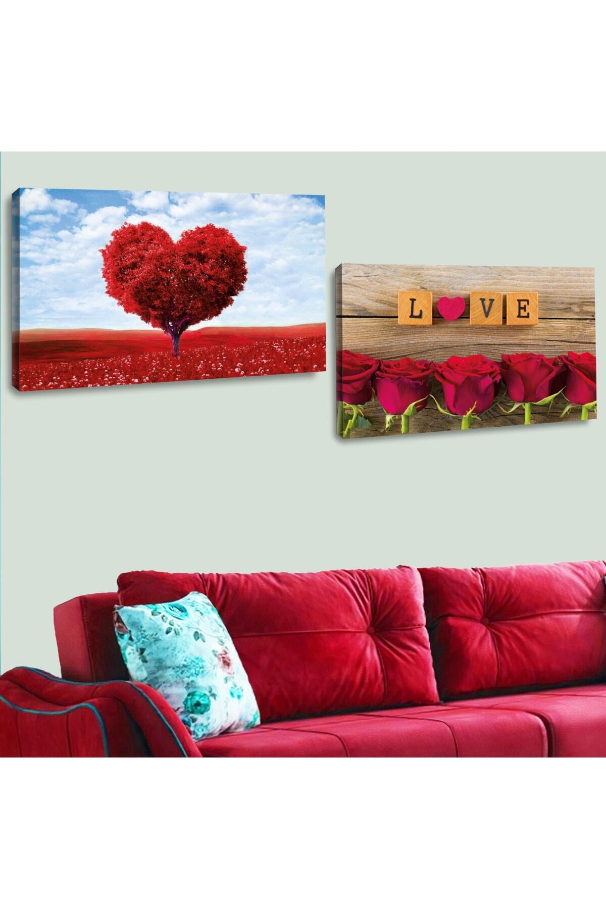 Kanvas 2'Li Kalp Görünümlü Ağaç Ve Love Boncuk Tablosu
