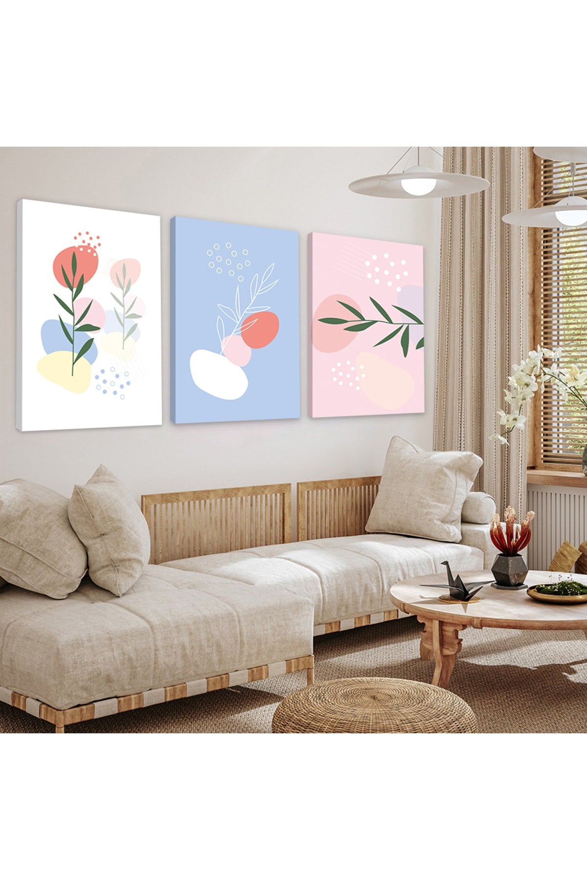 Minimalist Çiçek Soyut Desen 3'Lü Kanvas Tablo