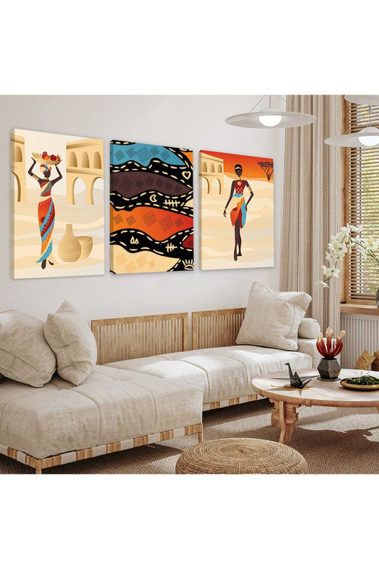 Mısır Medeniyeti Soyut Desen 3'Lü Kanvas Tablo