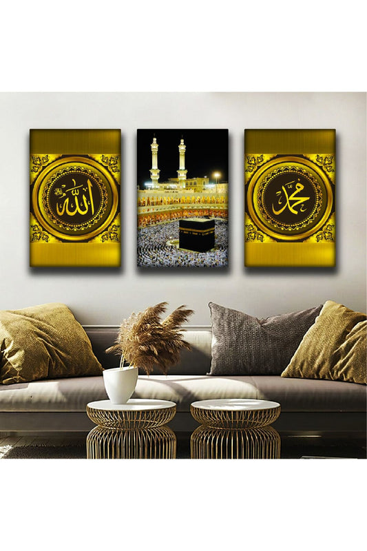 İntroya 3'Lü Kanvas Kabe Ve Allah Muhammed Lafzı Tablosu